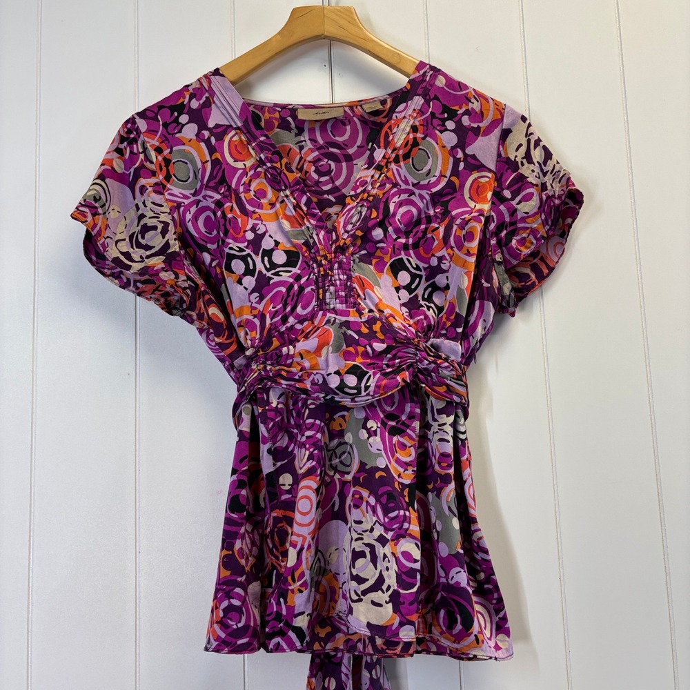 Y2K Womens Boho Geometric Swirl Silk Tie Top Size L Psychedelic Artsy Festival